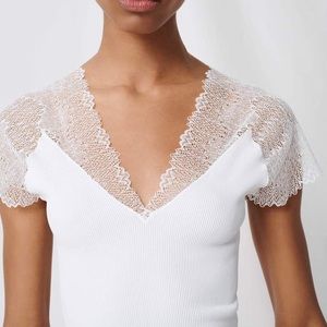 Maje jersey top with lace cap sleeves